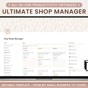May include: A laptop screen displaying a mockup of an Etsy shop management dashboard with a menu on the left side, a task list in the middle, and quick links on the right. The dashboard is titled "Etsy Shop Manager". The menu includes categories like "Production", "Products", "Inventory", "Promotion", "Branding", "Marketing", and "Planning". The task list shows tasks like "Place a Re-stock Order for Gold Jewelry Hardware", "Perform Quality Control Check on the Materials Ordered from Last Week", and "Update the Process for Making Pearl Bracelets". The quick links include "Etsy Shop", "Shop Manager", "Email Portal", "Messages Portal", "Analytics Portal", "Shipping Tracker", and "Schedule". The dashboard is designed to help Etsy sellers manage their shops more efficiently.