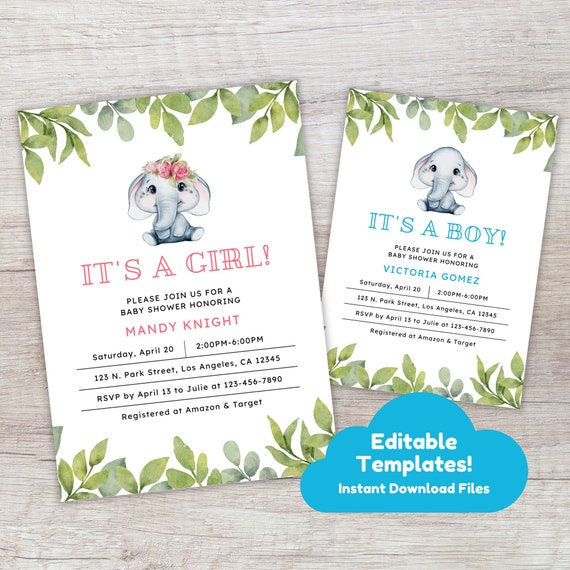 Editable Elephant Baby Shower Invitation Printable Invite Etsy