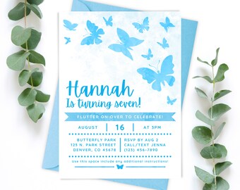 Butterfly Birthday Invitation Template, Editable Digital Printable Party Invite, Blue, Girl, Kids, Watercolor, 1st, Instant Download, Custom