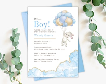 Boy Bunny Baby Shower Invitation, Blue Balloons Rabbit Baby Shower Invite, Editable Digital Instant Download Printable Invitation Template