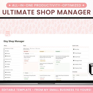 May include: A laptop screen displaying a mockup of an Etsy shop management dashboard with a pink floral background. The dashboard is organized into sections for production, products, promotion, and marketing. The dashboard also includes a section for quick links to Etsy shop, shop manager, email pro, messages portal, analytics portal, shipping tracker, and schedule. The dashboard is labeled "Etsy Shop Manager".