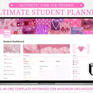 Student Pink Y2K Notion Planner, Aesthetic Academic Notion Template, Highschool College University Notion Dashboard, Assignment Tracker