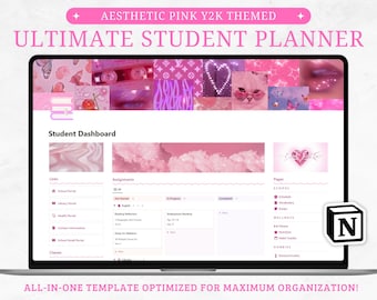 Student Pink Y2K Notion Planner, Esthetische Academische Notion Template, Highschool College University Notion Dashboard, Assignment Tracker