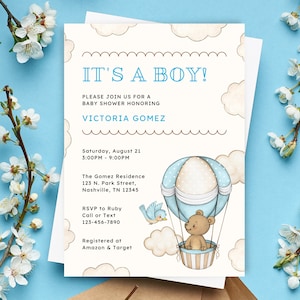 Boy Hot Air Balloon Baby Shower Invitation, Blue Teddy Bear Clouds Birds Baby Shower Invite, Instant Download, Printable Editable Invitation