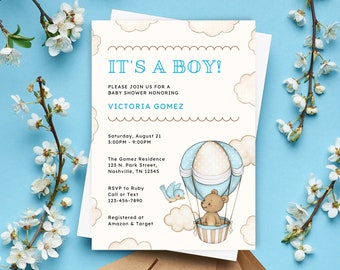 Boy Hot Air Balloon Baby Shower Invitation, Blue Teddy Bear Clouds Birds Baby Shower Invite, Instant Download, Printable Editable Invitation