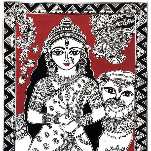 Madhubani Durga Mithila Indian Folk Art Hindu Goddess with Lion Original Handmade Painting Fine Art Wall Décor