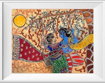 May include: A colorful painting depicting a couple on a swing. The woman is wearing a red and gold sari, and the man is wearing a blue and red outfit. The background is a vibrant yellow with intricate floral patterns.