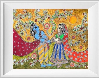 May include: A colorful painting depicting a couple in traditional Indian clothing. The woman is wearing a blue and red dress with a red head scarf. The man is wearing a yellow and blue outfit. The painting is set against a background of green and brown foliage.