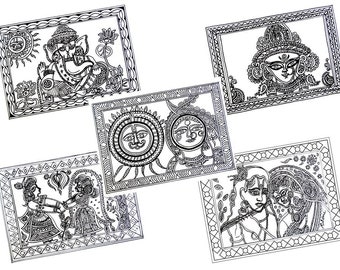 以下が含まれることがあります： ヒンドゥー教の神々とシンボルの白黒線画5点。絵は装飾的な枠で囲まれています。神々はガネーシャ、ドゥルガー、ラーダー・クリシュナ、スールヤです。