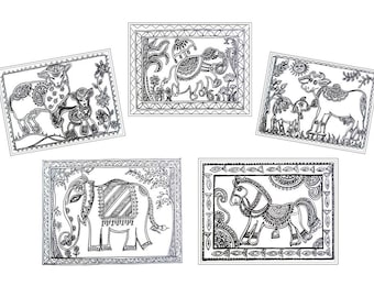 May include: Black and white line drawings of various animals, including a cow, a horse, an elephant, and a sheep. Each animal is framed in a decorative border.