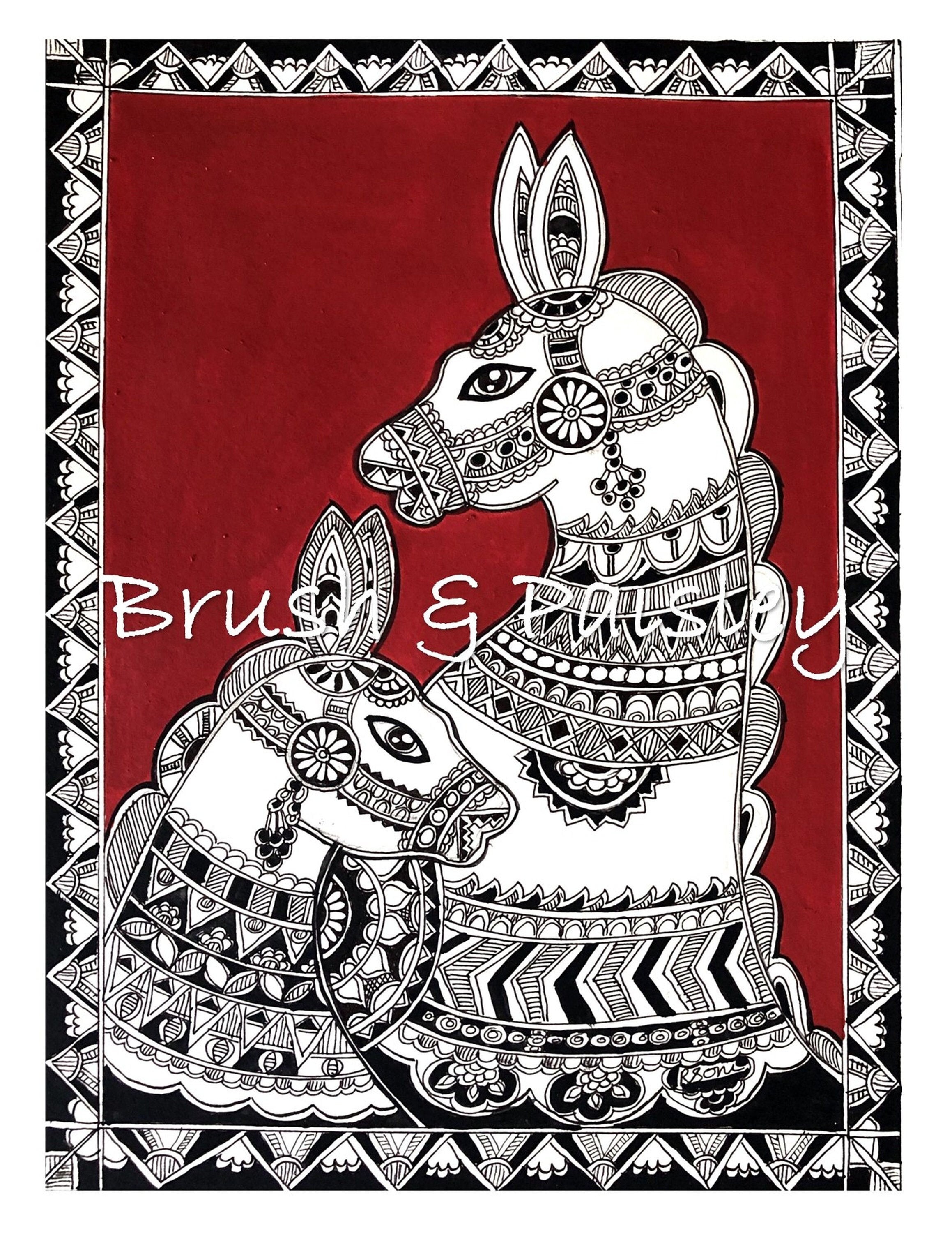 Madhubani Pair of Horses Mithila Indian Folk Art Original Handmade ...