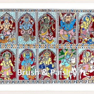 Dashavatara Lord Vishnu Avatars Printable Digital Download Fine Art Kalamkari Painting Indian Folk Art Print Wall Decor Poster