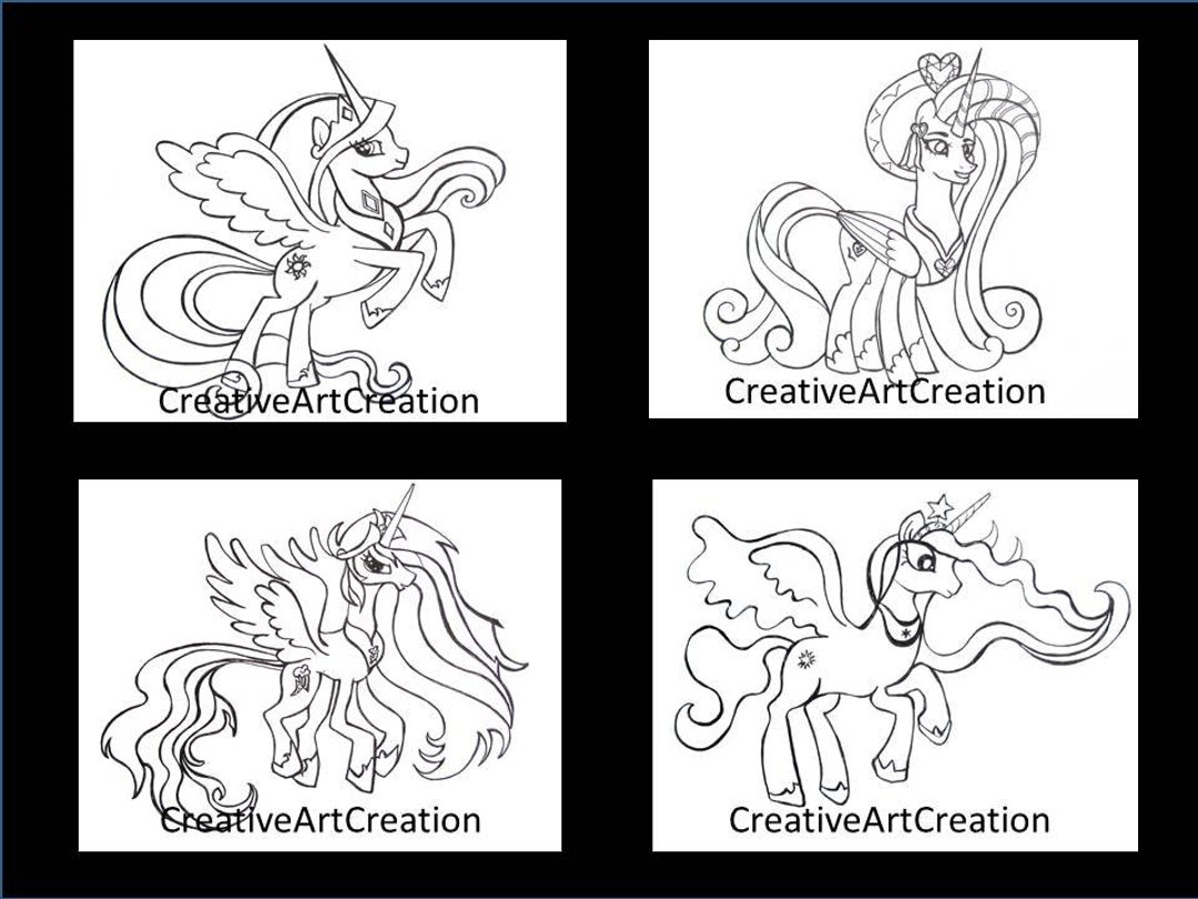 4 Pack My Little Pony Coloring Pages Book Cadence Princess Celestia Rainbow  Dash Twilight Sparkle Printable Digital Artwork Instant Download 