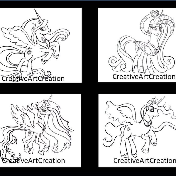 4 Pack My Little Pony Coloring Pages Book Cadence Princess Celestia Rainbow Dash Twilight Sparkle Printable Digital Artwork Instant Download