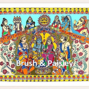 May include: A colorful painting depicting a Hindu deity, Rama, with his wife Sita, surrounded by other deities. The painting is done in a traditional Indian style with vibrant colors and intricate details. The text "Shri Ram Jay Ram" is written in Hindi at the top of the painting.