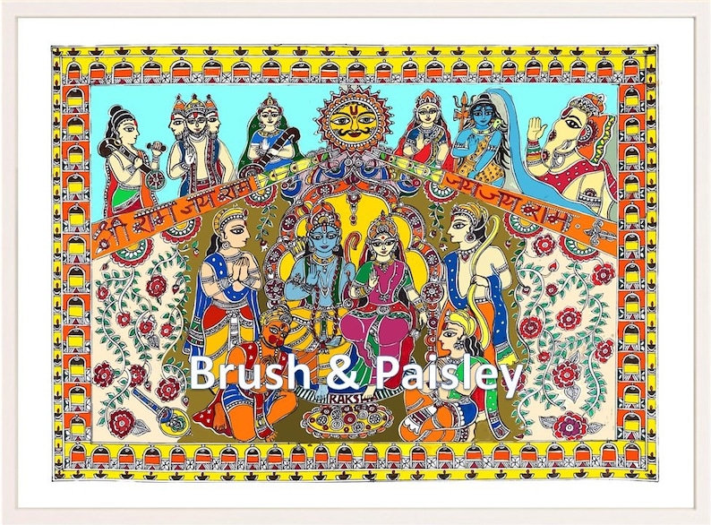 May include: A colorful painting depicting a Hindu deity, Rama, with his wife Sita, surrounded by other deities. The painting is done in a traditional Indian style with vibrant colors and intricate details. The text "Shri Ram Jay Ram" is written in Hindi at the top of the painting.