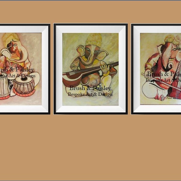 Set of 3 Musical Ganesha 8.5x11 Printable Digital Download Fine Art Original Painting Tabla, Veena and Sarangi ArtWork Print Wall Décor