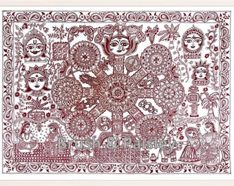 以下が含まれることがあります： 紙に描かれた伝統的なインドの マドゥバニ 絵画。複雑な赤と白のパターンと人物が特徴です。この作品は、中央のマンダラを、さまざまな神々やシンボルで囲んでいます。