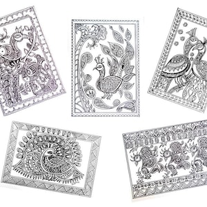 Set of 5 Birds Folk Art Coloring Pages 5 Pack, Madhubani Mandala Peacocks Coloring Book, Printable Digital Artwork, Instant Download