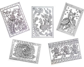 May include: Five black and white peacock illustrations. Each drawing features intricate patterns and details, showcasing the birds in various poses. The artwork is framed with decorative borders, creating a cohesive set of artistic pieces.