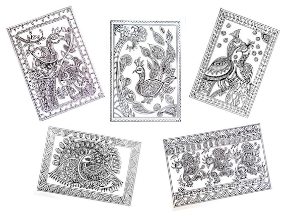 Set Of 5 Birds Folk Art Coloring Pages 5 Pack Madhubani Mandala Peacocks Coloring Book Printable Digital Artwork Instant Download