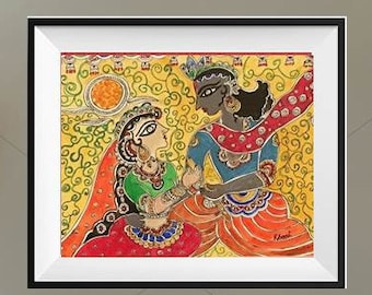 Radha Krishna Printable Digital Download Fine Art Original Madhubani Mithila Painting Hindu God Mythology 3 Sizes Print Indian Wall Decor