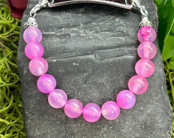 Medical ID Bracelet, Medical Alert for Women, Beaded Medical Alert Bracelet, Stainless Steel Clasps,  Pink Jade Beads, Custom Made