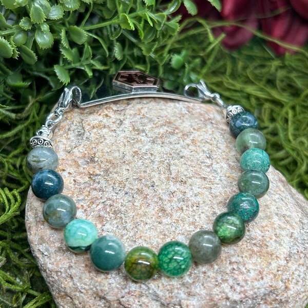 Medical ID Bracelet, Medical Alert for Women, Beaded Medical Alert Bracelet, Stainless Steel Clasps, Green Mixed Agate, Custom Alert ID