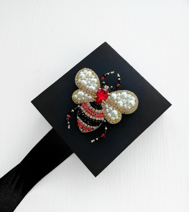 Embroidered beetle pin Insect butterfly brooch Pearl Gold bee brooch Beaded bug brooch