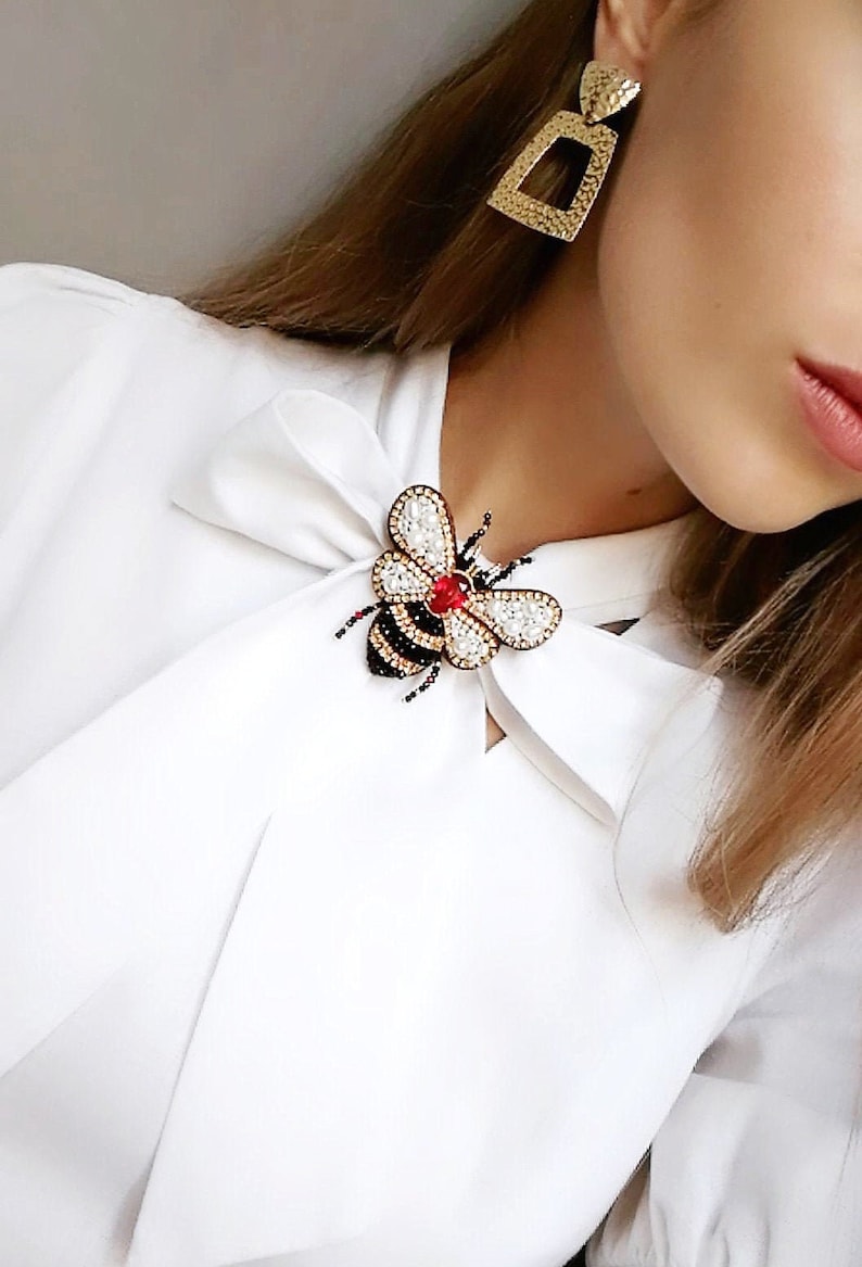 Embroidered beetle pin Insect butterfly brooch Pearl Gold bee brooch Beaded bug brooch