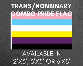 Può includere: Bandiera del pride transgender e non binario con strisce orizzontali rosa, azzurro, bianco, giallo, viola e nero. Disponibile nelle dimensioni 2'x3', 3'x5' o 6'x8'.