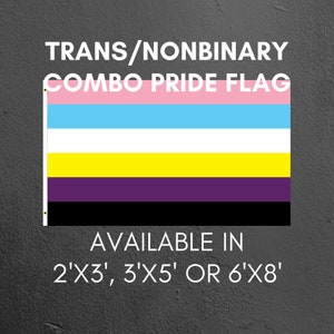 May include: Transgender and non-binary pride flag with pink, light blue, white, yellow, purple, and black horizontal stripes. Available in 2'x3', 3'x5', or 6'x8' sizes.