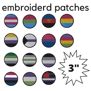 May include: A collection of embroidered patches, each circular and featuring different pride flag designs. The patches are approximately 7.6 cm in diameter and display a range of colours and patterns, including stripes and symbols.