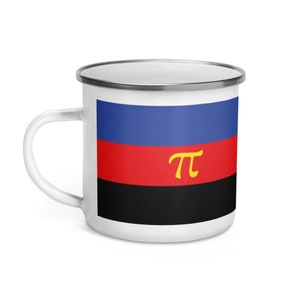 May include: White enamel mug with a blue, red, and black striped design and a yellow pi symbol in the center.