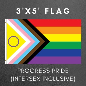 May include: A 3' x 5' Progress Pride flag with a yellow triangle containing a purple circle, representing intersex inclusion. The flag also features the traditional rainbow colors.
