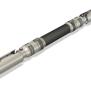 May include: A silver lightsaber with a textured handle and a black grip. The lightsaber is in two pieces, with the handle section extending from the center.