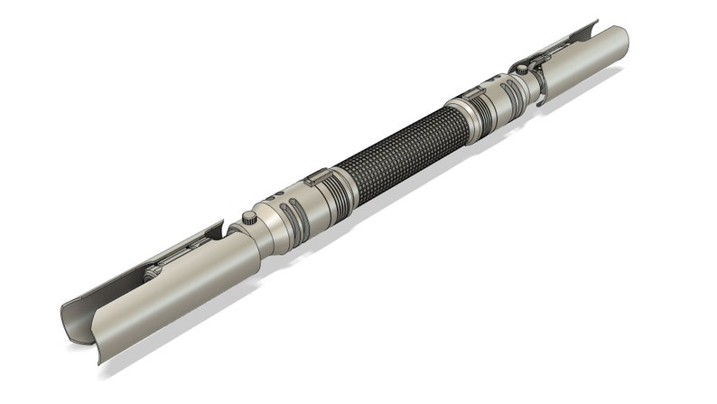 May include: A silver lightsaber with a textured handle and a black grip. The lightsaber is in two pieces, with the handle section extending from the center.