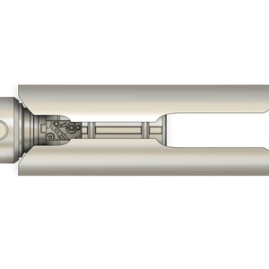May include: A silver-colored metal object with a cylindrical shape and a series of holes on one end. The object is split in half, revealing a smaller, silver-colored metal object inside.