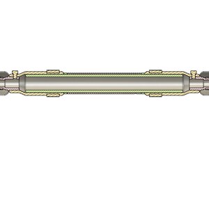 May include: A cutaway view of a metal pipe connector with a green and yellow layered insulation. The connector has a silver metal body and a brown metal ring on each end.