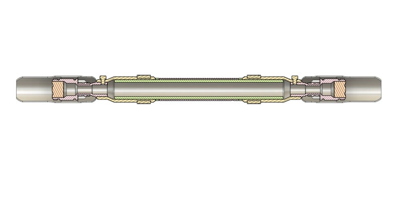 May include: A cutaway view of a metal pipe connector with a green and yellow layered insulation. The connector has a silver metal body and a brown metal ring on each end.