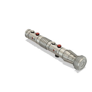 May include: A silver lightsaber with red buttons and a black and silver handle.