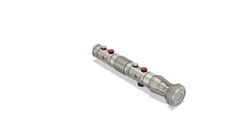May include: A silver lightsaber with red buttons and a black and silver handle.