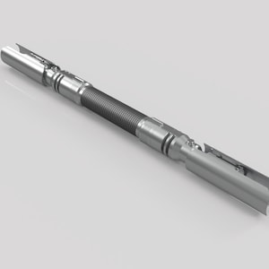 May include: A silver metal tool with a textured middle section and two open ends. The tool is designed for connecting pipes.