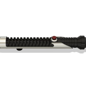 May include: A black lightsaber with a silver accent and a red button. The lightsaber has a textured grip.