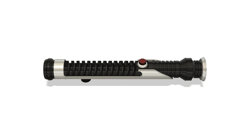 May include: A black lightsaber with a silver accent and a red button. The lightsaber has a textured grip.