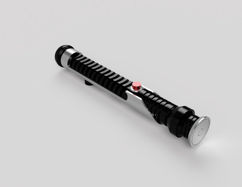 May include: A black lightsaber with a silver accent and a red button. The lightsaber has a textured grip and a round, black emitter.