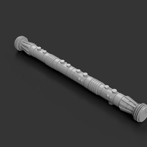 May include: A silver lightsaber hilt with a textured surface and multiple buttons. The hilt is about 12 inches long.