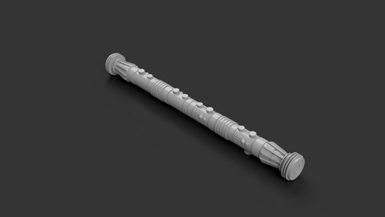 May include: A silver lightsaber hilt with a textured surface and multiple buttons. The hilt is about 12 inches long.