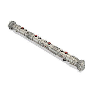 May include: A silver lightsaber hilt with red buttons. The hilt has a textured surface and a cylindrical shape.