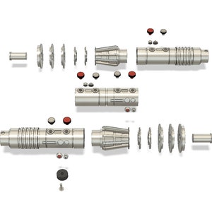 May include: A disassembled lightsaber with a silver metal finish. The lightsaber is made up of multiple pieces, including a handle, a blade, and a power cell. The pieces are laid out on a white background.
